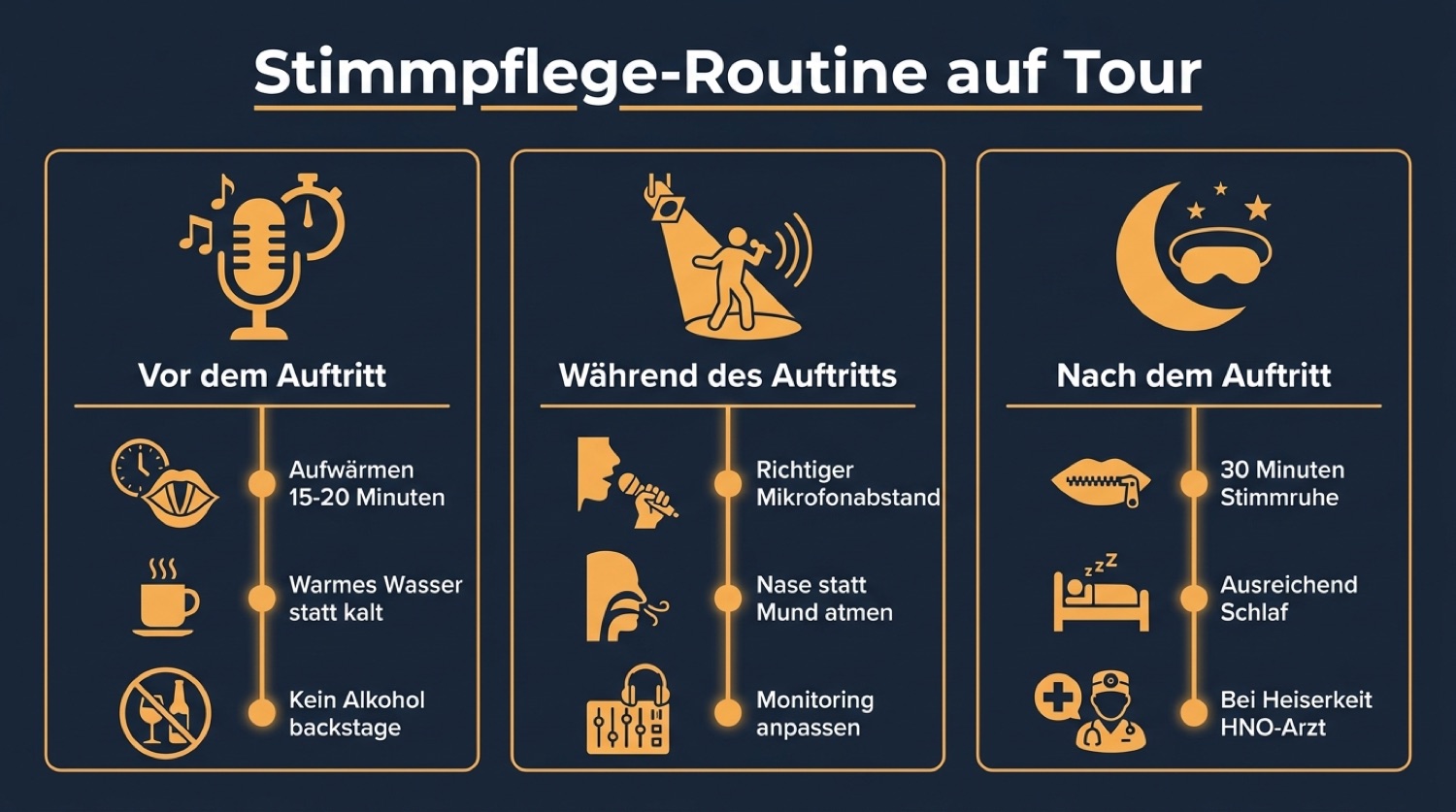 Infografik mit Übersicht der Stimmpflege-Routine vor, während und nach dem Auftritt