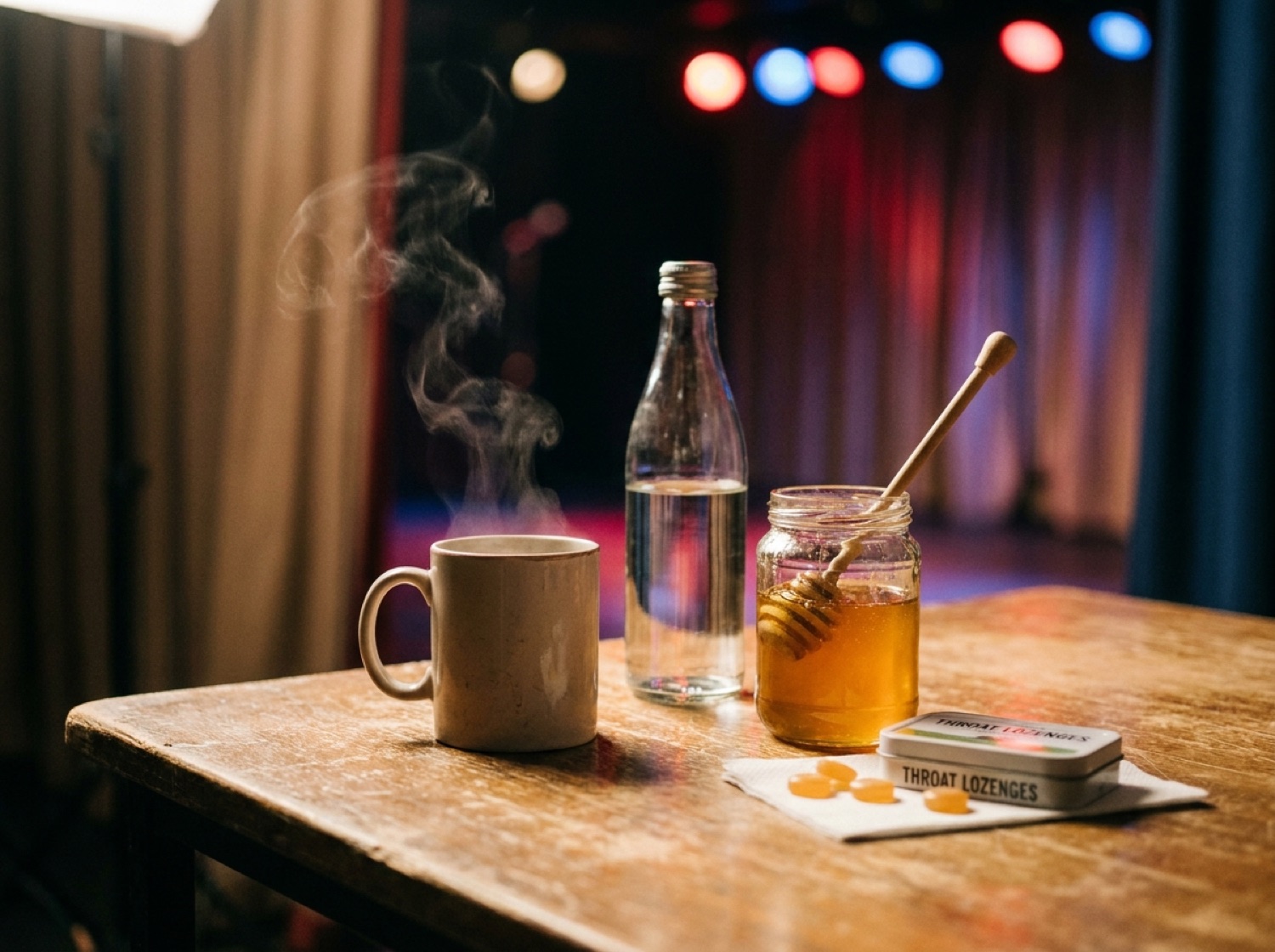 Backstage-Tisch mit Tee, Wasser und kleinen Routineartikeln für Sängerinnen und Sänger