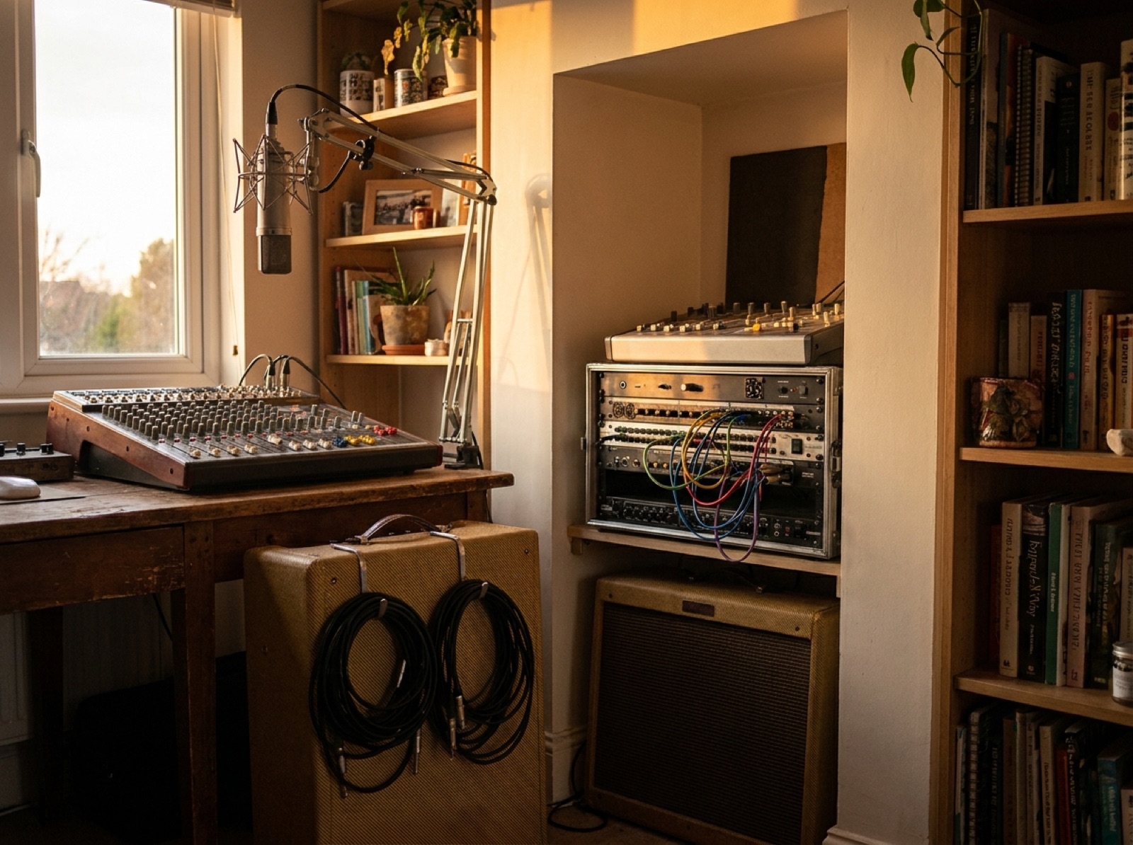 Homestudio mit Mischpult, Mikrofon und Gitarrenverstärker in einem privaten Haus