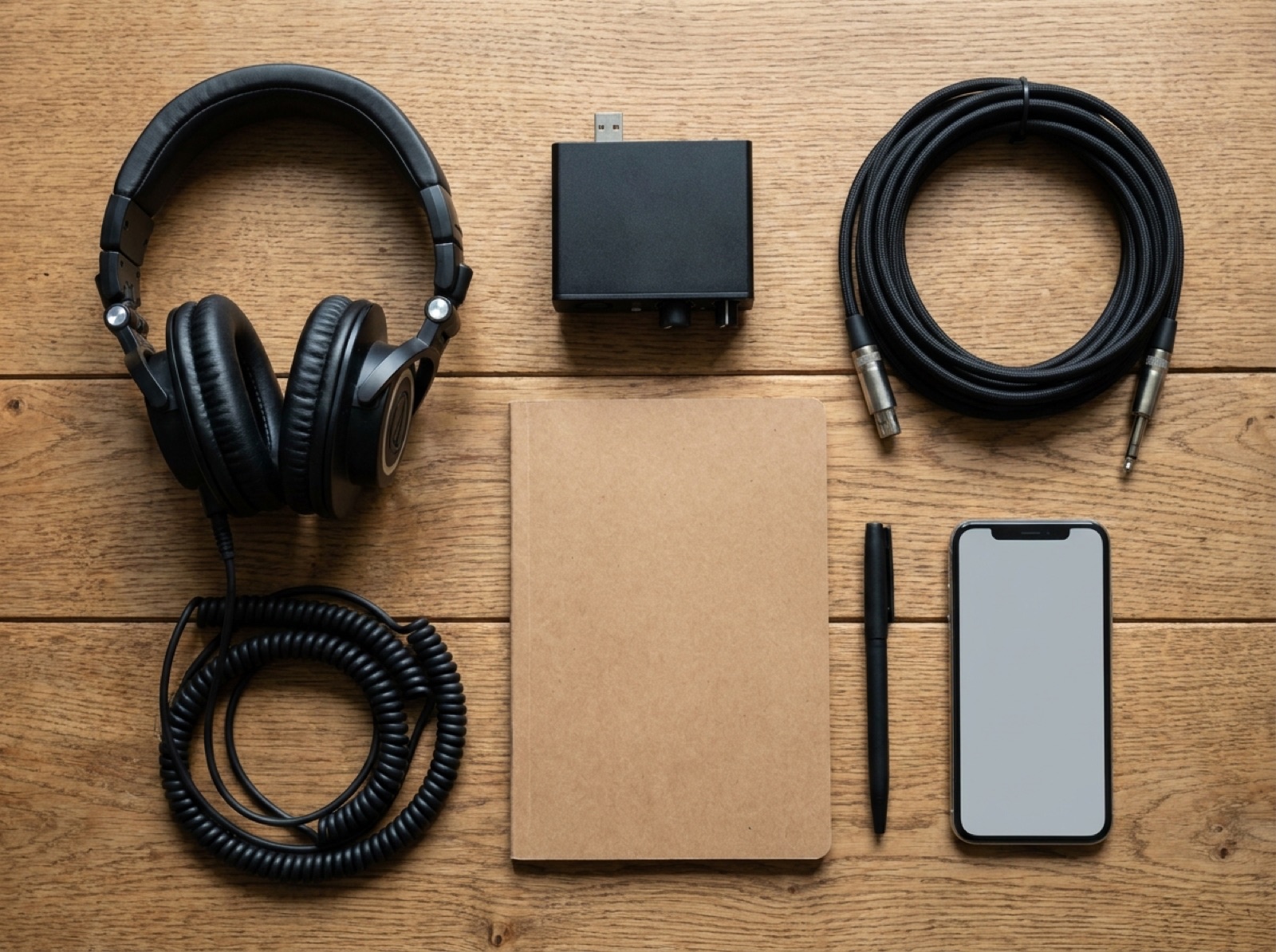 Studiokopfhörer, Audio-Interface, Kabel und Notizblock auf einem Holztisch